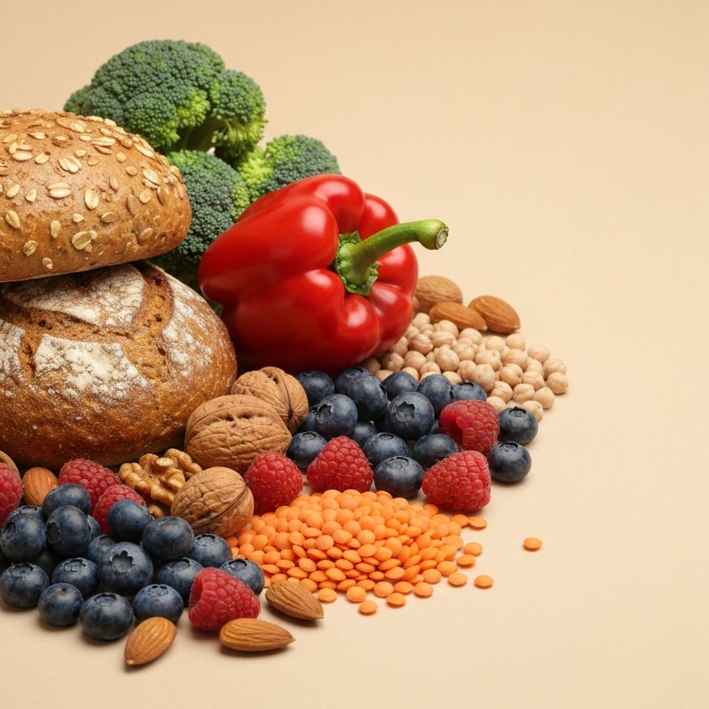 Collection of whole foods including grains, legumes, vegetables, and nuts